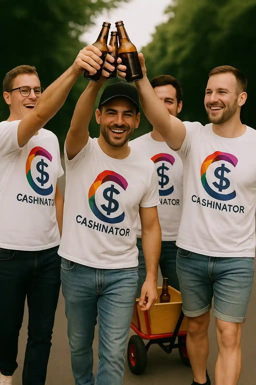 A group of guys celebrating a bachelor party and drinking beer