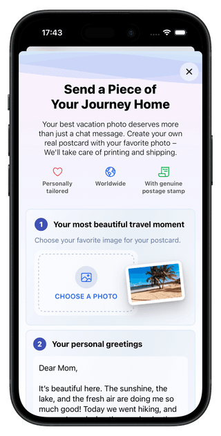 Create postcards in the Cashinator app and send them for free