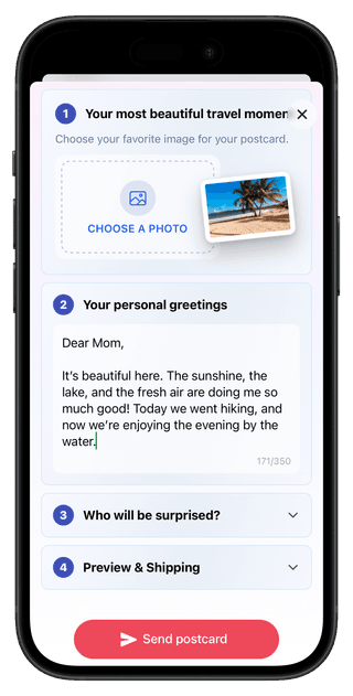 Choose your own vacation photo for a personal postcard in Cashinator