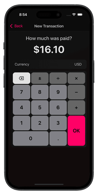 Screenshot adding an expense during a bachelor party