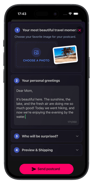 Create postcards in the Cashinator app and send them for free